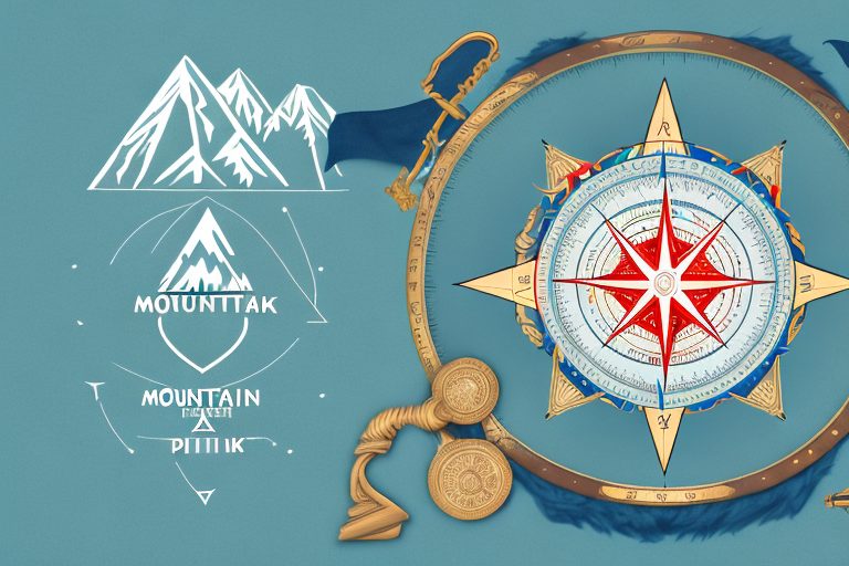A mountain peak with various symbolic objects such as a compass