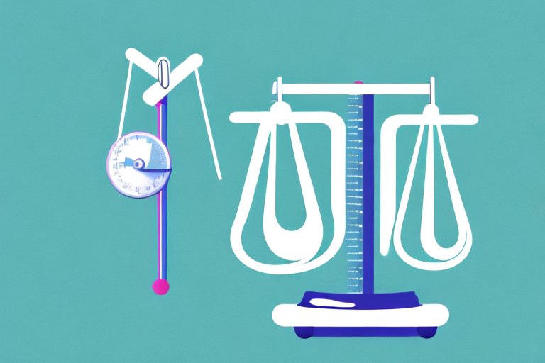 A scale balanced with healthy food and exercise equipment