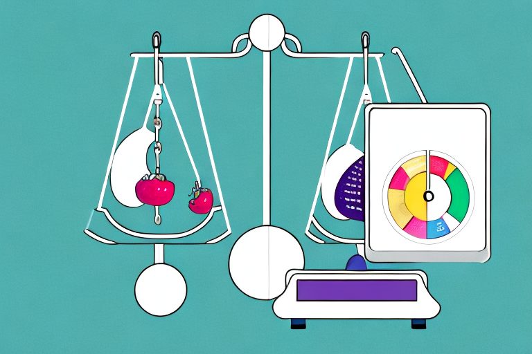 A scale balanced with healthy foods on one side and fitness equipment on the other
