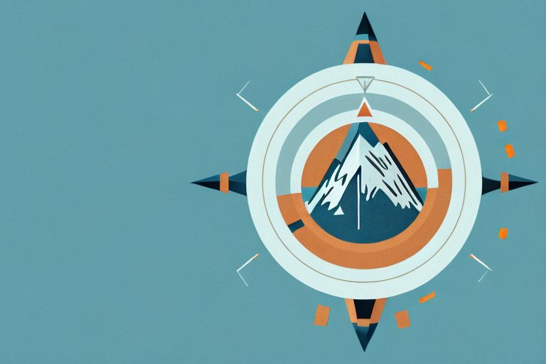 A mountain peak with various tools (like a compass