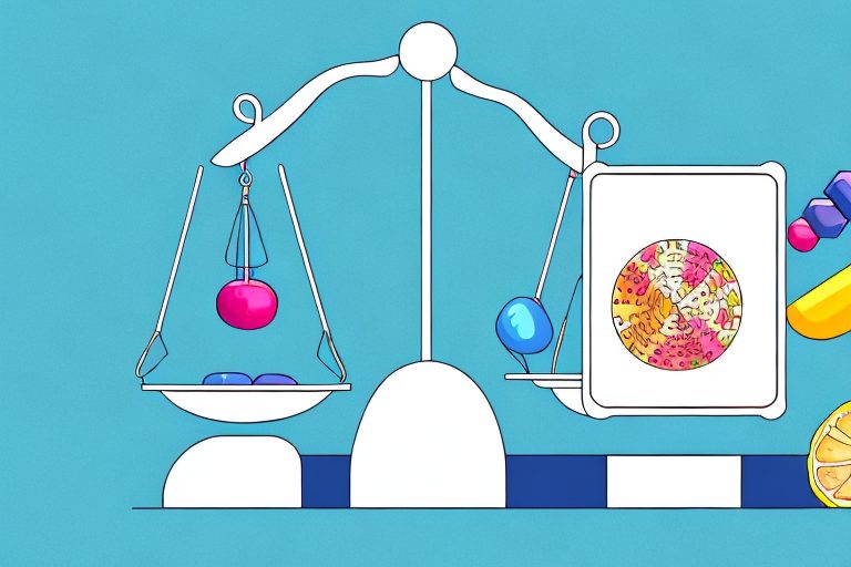 A scale balanced with healthy food on one side and workout equipment on the other
