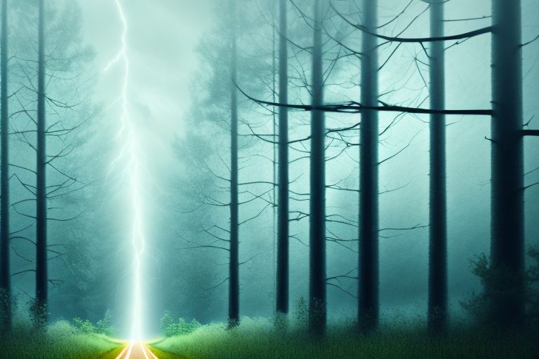 A dimly lit path through a stormy forest