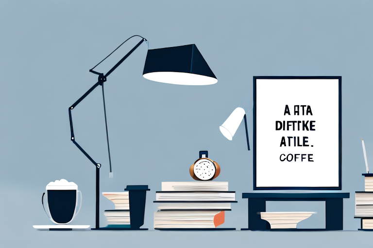 A desk with a lit lamp