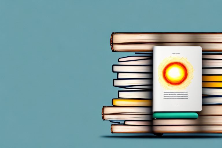 A stack of diverse books with a rising sun in the background