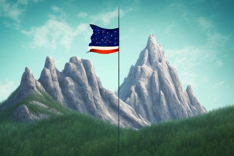 A mountain peak with a flag at the top