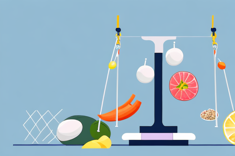 A balanced scale with healthy foods on one side and sport equipment on the other