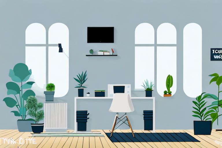 A cozy home interior with a desk containing motivational books