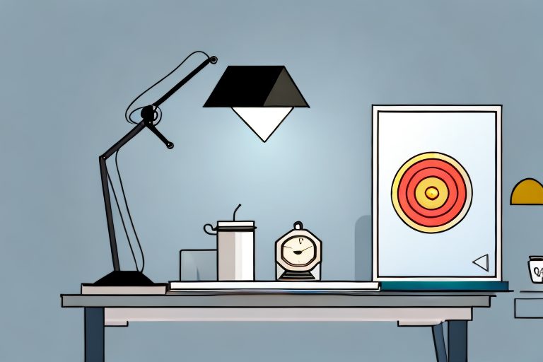 A desk with a lit lamp