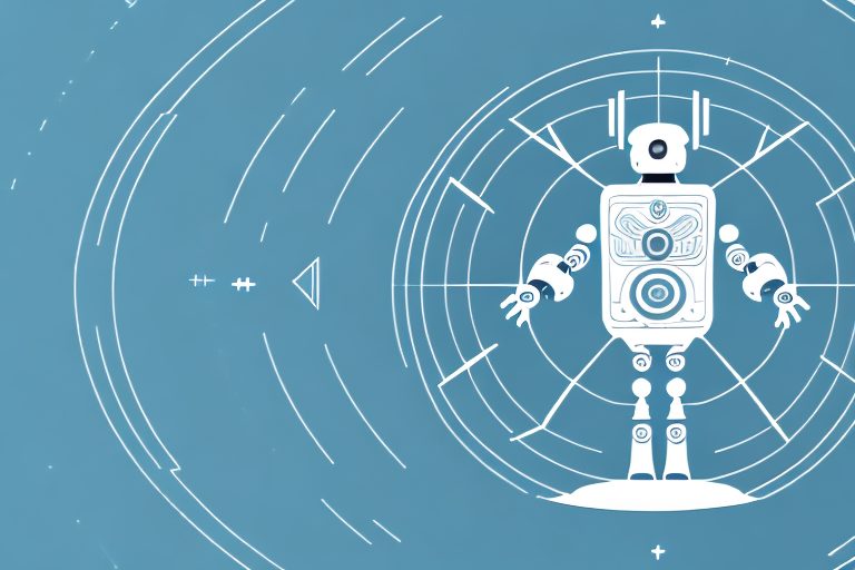 A symbolic ai robot holding a compass and a torch