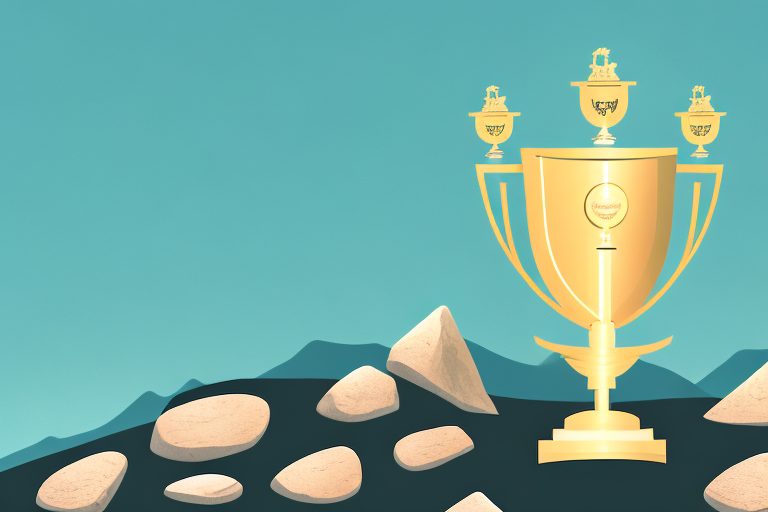 A golden trophy on top of a mountain peak