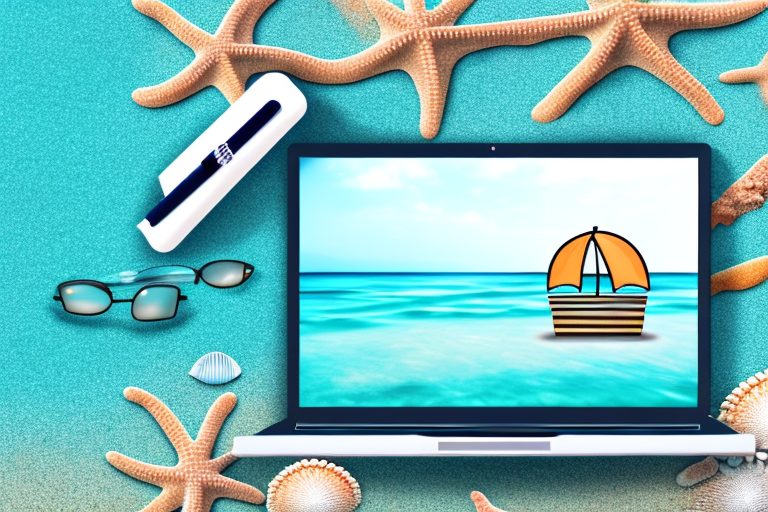 A laptop with a beach-themed screensaver