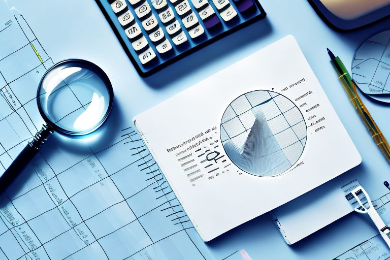 A magnifying glass over a calculator and a ledger book