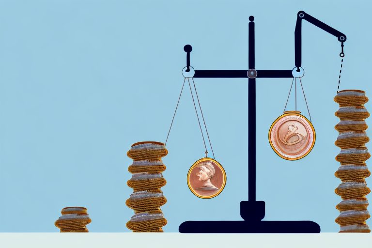 A scale balancing a stack of coins on one side and a stopwatch on the other