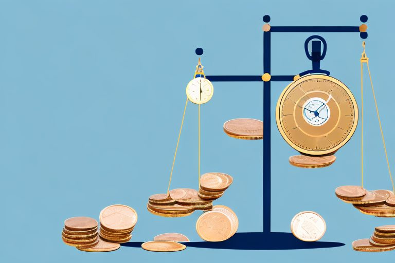 A scale balancing a pile of coins on one side and a stopwatch on the other