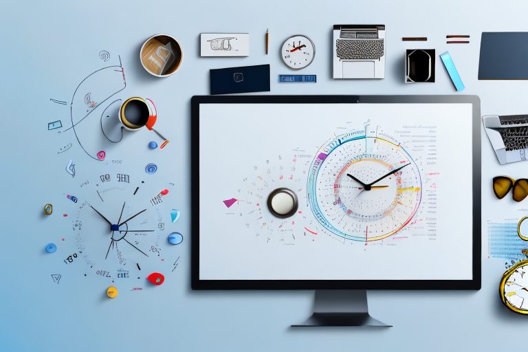 A desk with various symbolic objects representing productivity tools