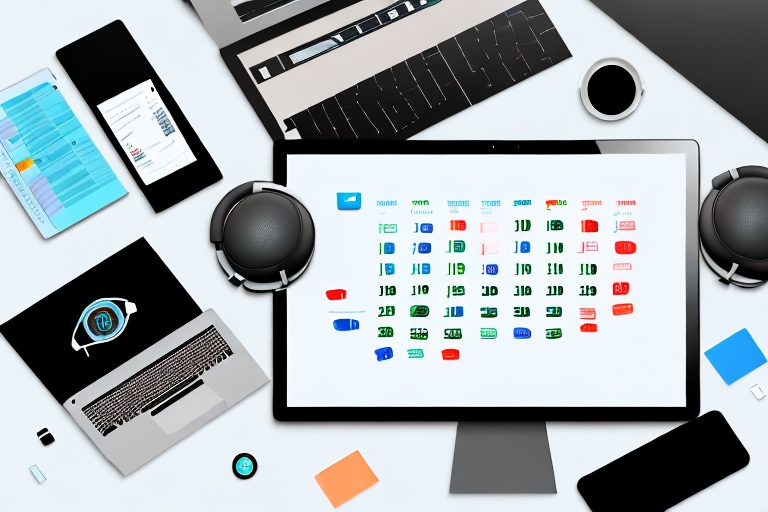 A desktop table featuring various digital devices like a laptop