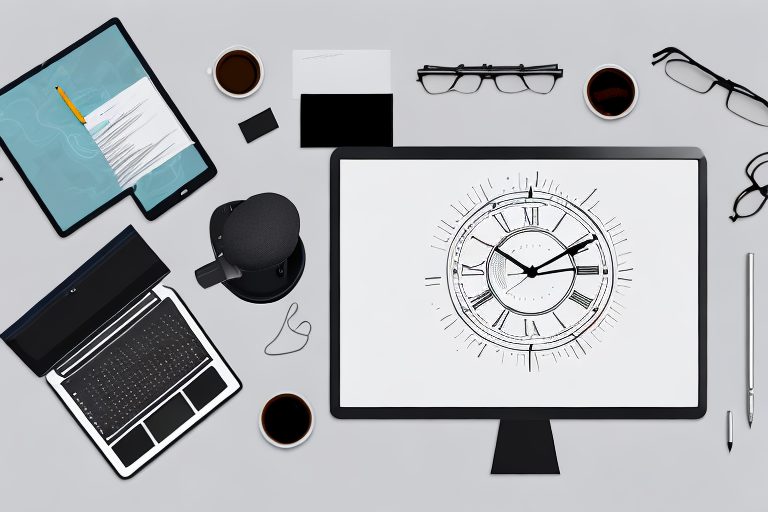 A desk setup with a variety of digital tools like a laptop
