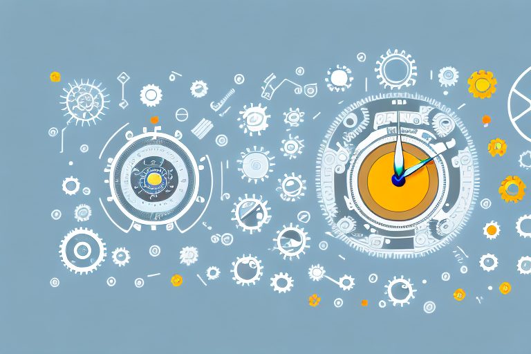 A mac computer surrounded by symbols of various productivity tools like clocks
