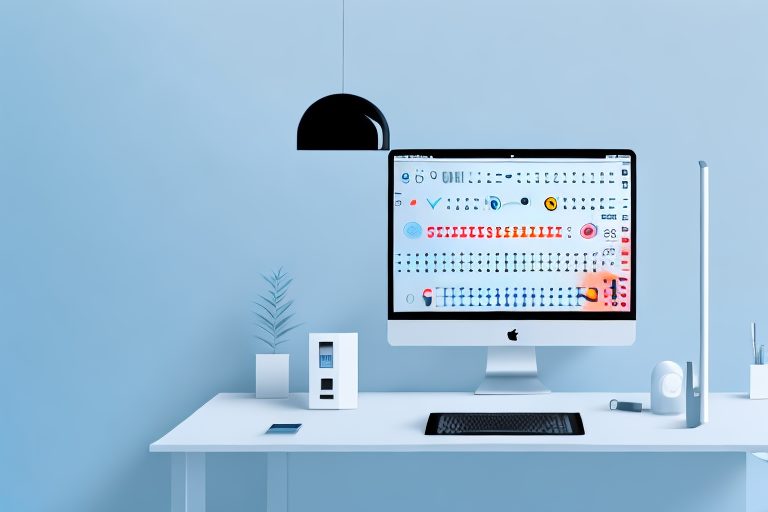 A sleek and modern apple mac computer surrounded by ten symbolic icons representing different productivity tools like a clock (time management)