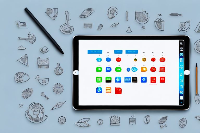 An ipad surrounded by symbolic icons representing productivity tools such as a clock
