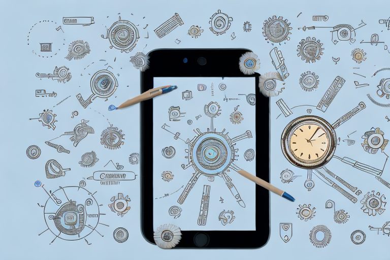 An iphone surrounded by ten different symbolic icons representing various productivity tools such as a clock