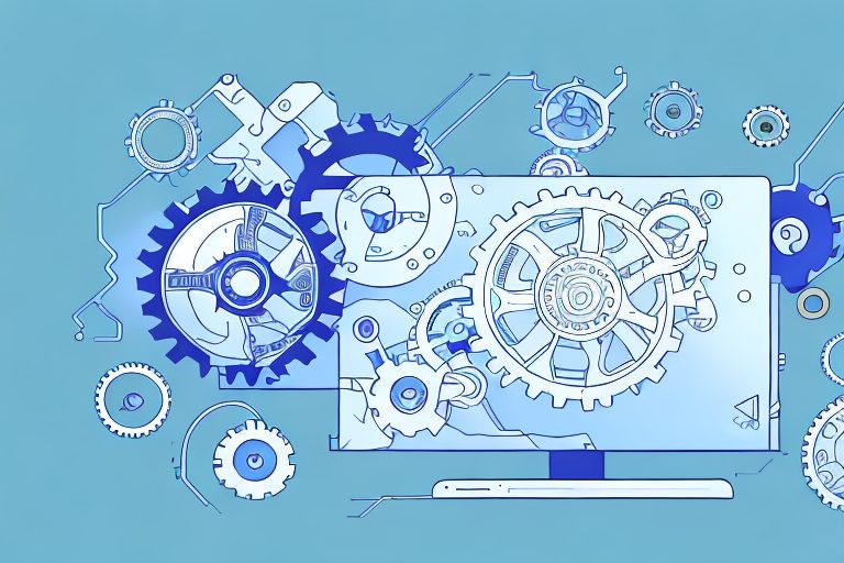 A desktop computer with various linux tools symbolized as gears and tools interacting with the operating system