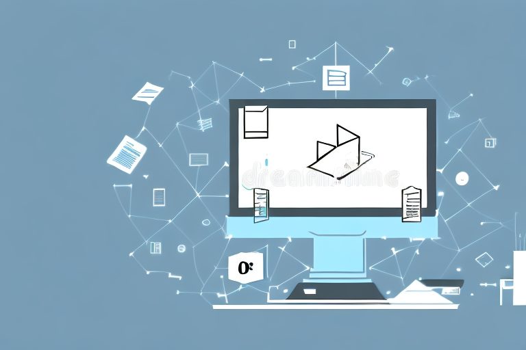A desktop computer with microsoft office icons floating around it