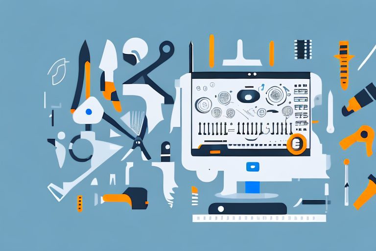 A desktop computer with various tools such as a hammer