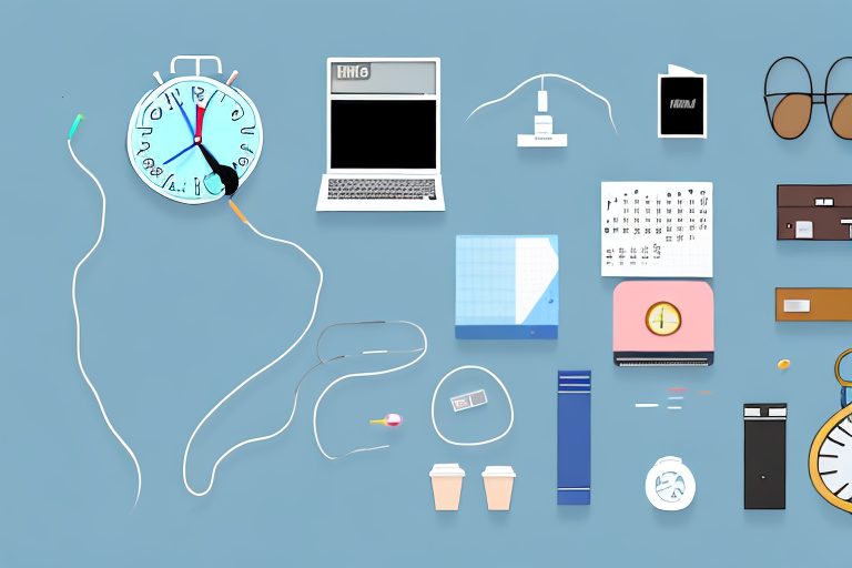 A desk with various items such as a digital clock