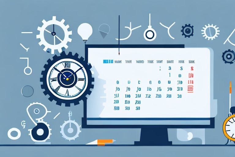 A desktop computer with various tools like a clock