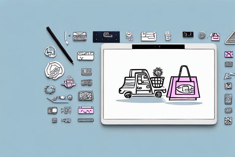 A digital device like a laptop or tablet with a stylized screen showing a shopping bag
