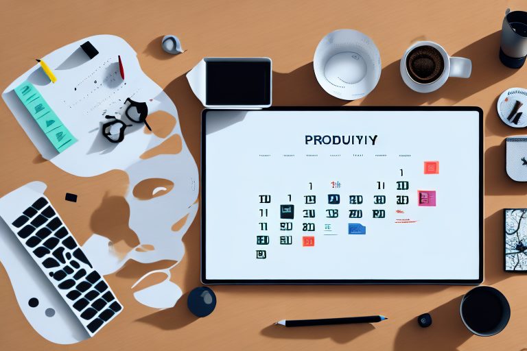 A workspace filled with symbolic representations of productivity tools such as a clock