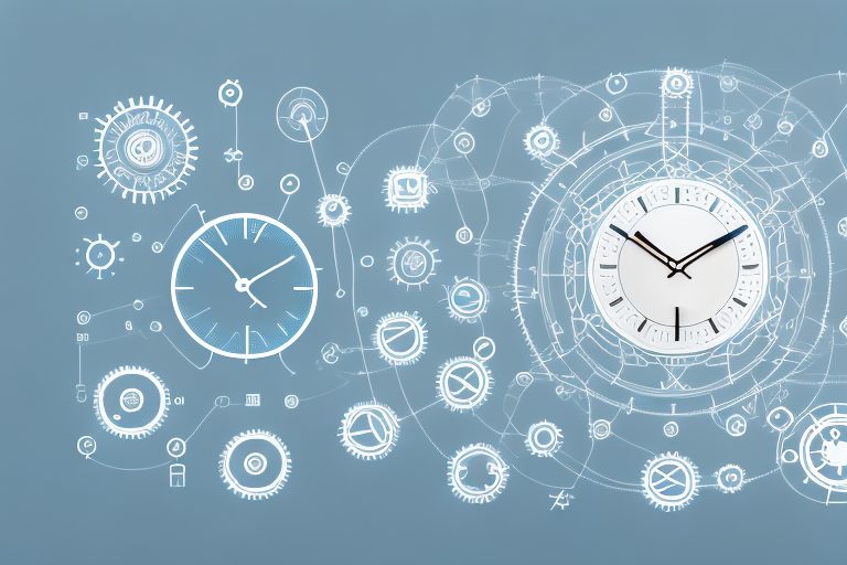 A desktop with various symbolic icons representing productivity tools such as a clock for time management
