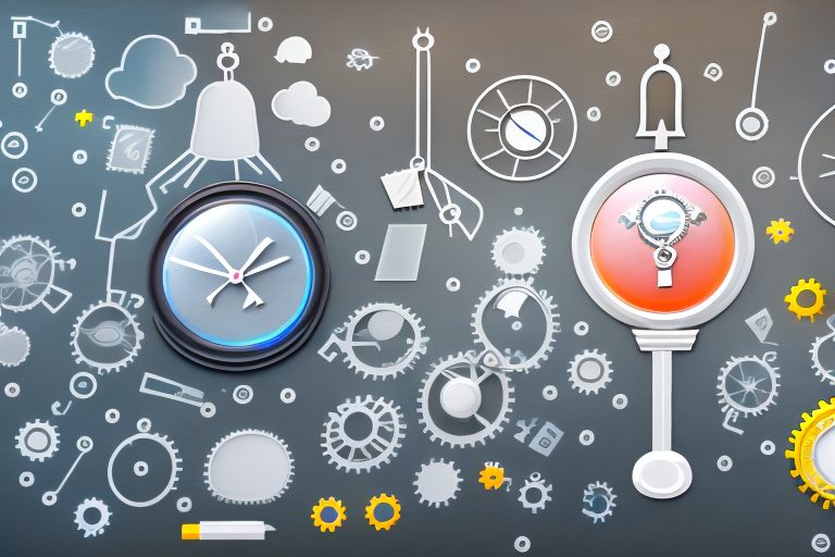 A desktop with various symbolic representations of programming tools such as a magnifying glass (for debugging)