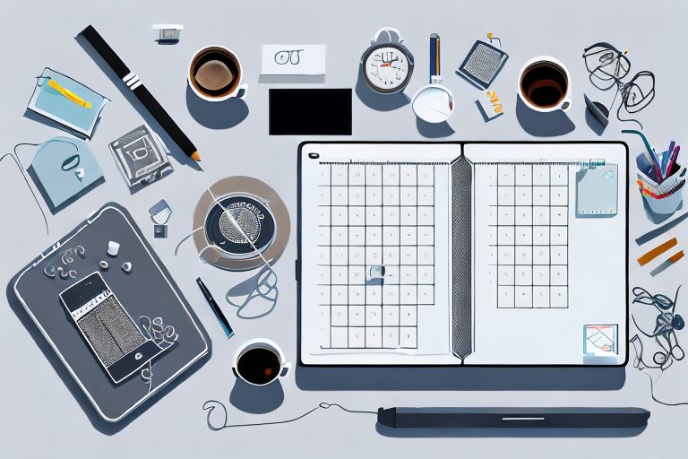 A well-organized workspace with a variety of tools such as a digital clock