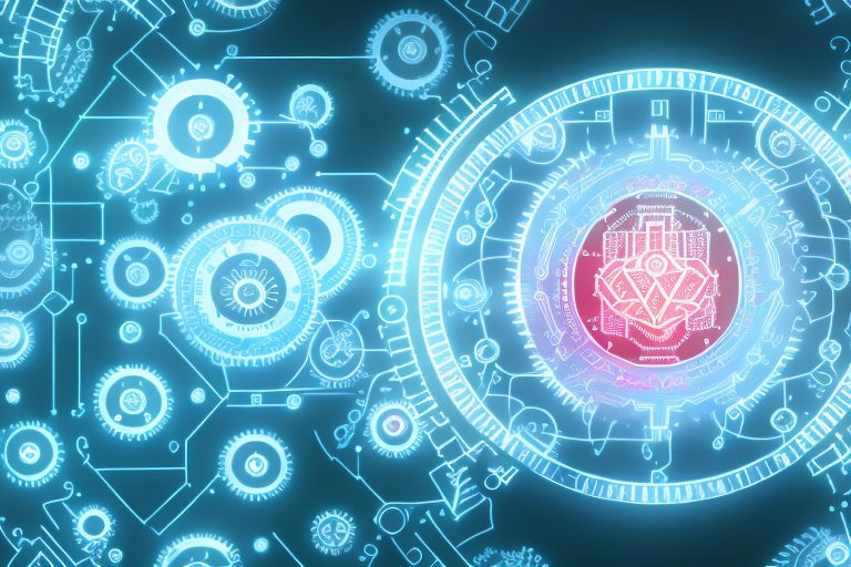 An ai-powered computer with coding symbols and gears