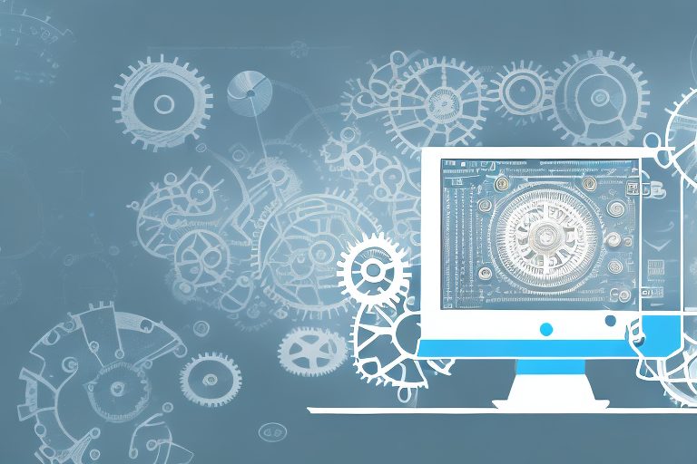 A desktop computer with various software icons floating above it