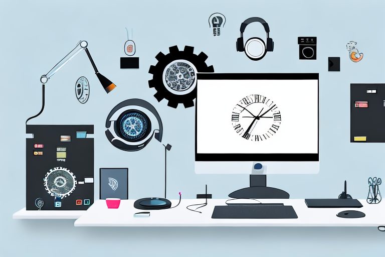 A home office setup with a desk showcasing various tech gadgets like a laptop