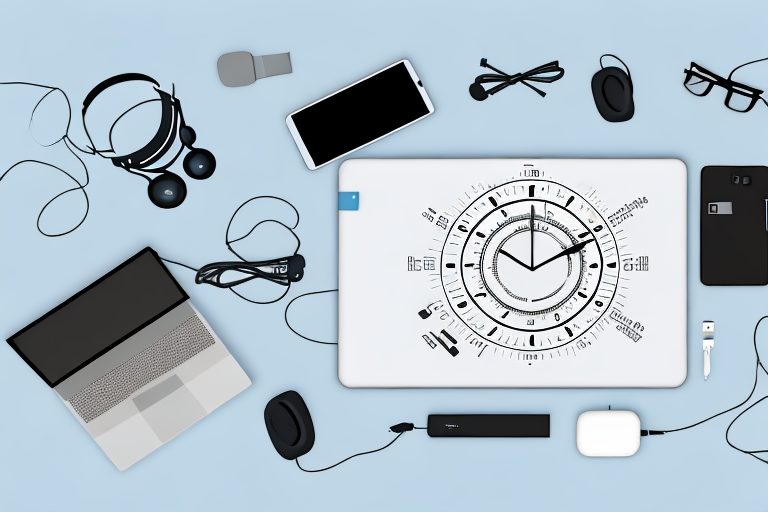 Various tech devices like a laptop