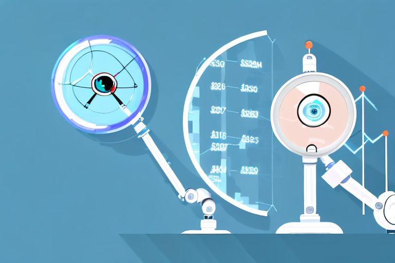 A robotic arm holding a magnifying glass over a bar graph with rising sales figures