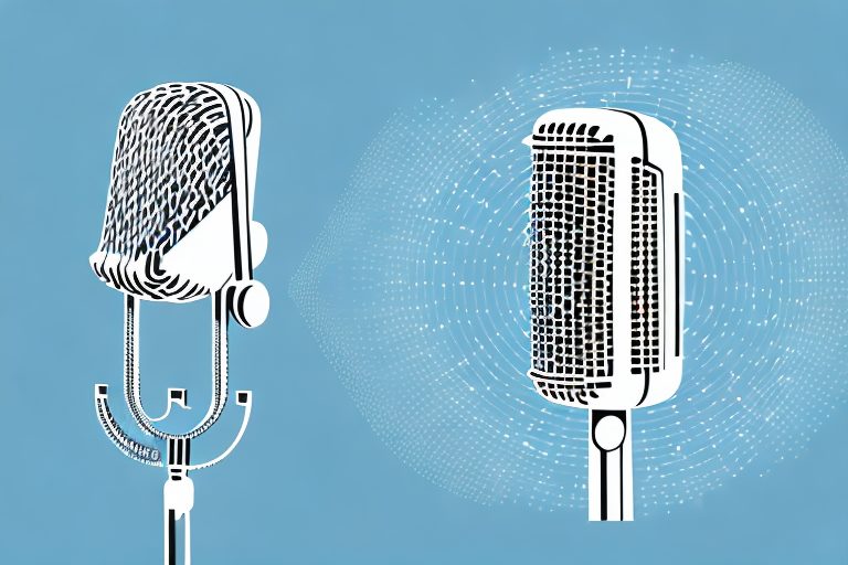 A modern-looking microphone connected to a digital device displaying sound waves