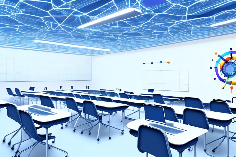 A futuristic classroom with ai technology integrated into the teaching tools and environment