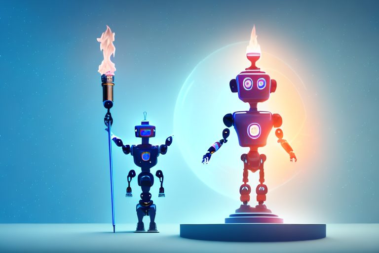 A futuristic ai robot holding a symbolic torch